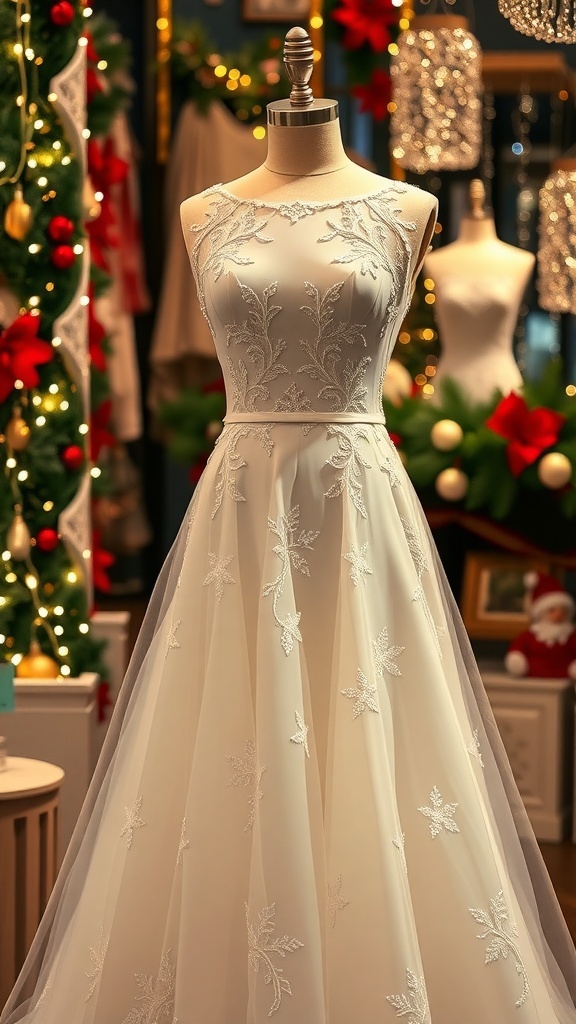 An elegant white Christmas dress with lace and sequins on a mannequin, surrounded by holiday decorations.